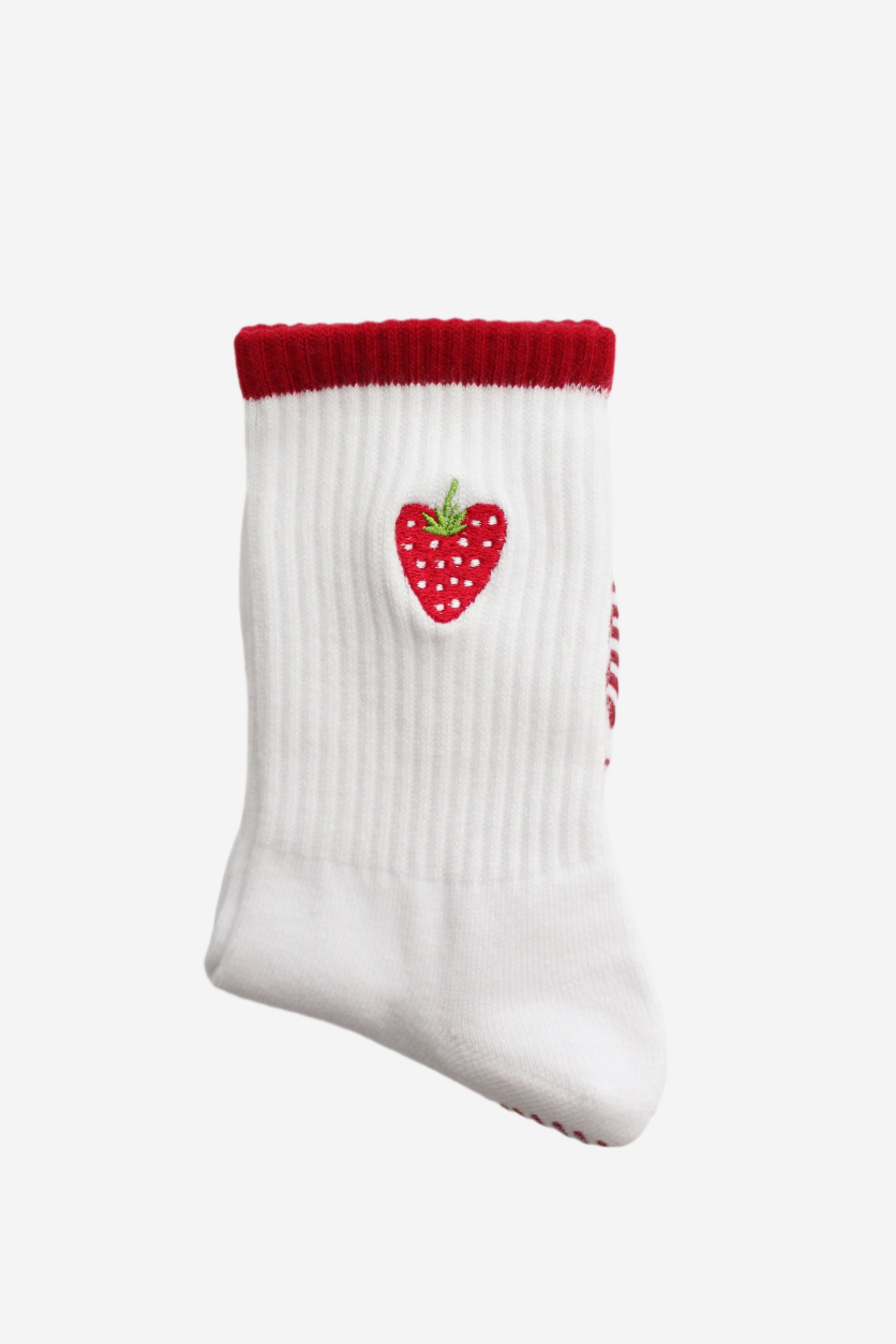 White sock with red top and strawberry design o