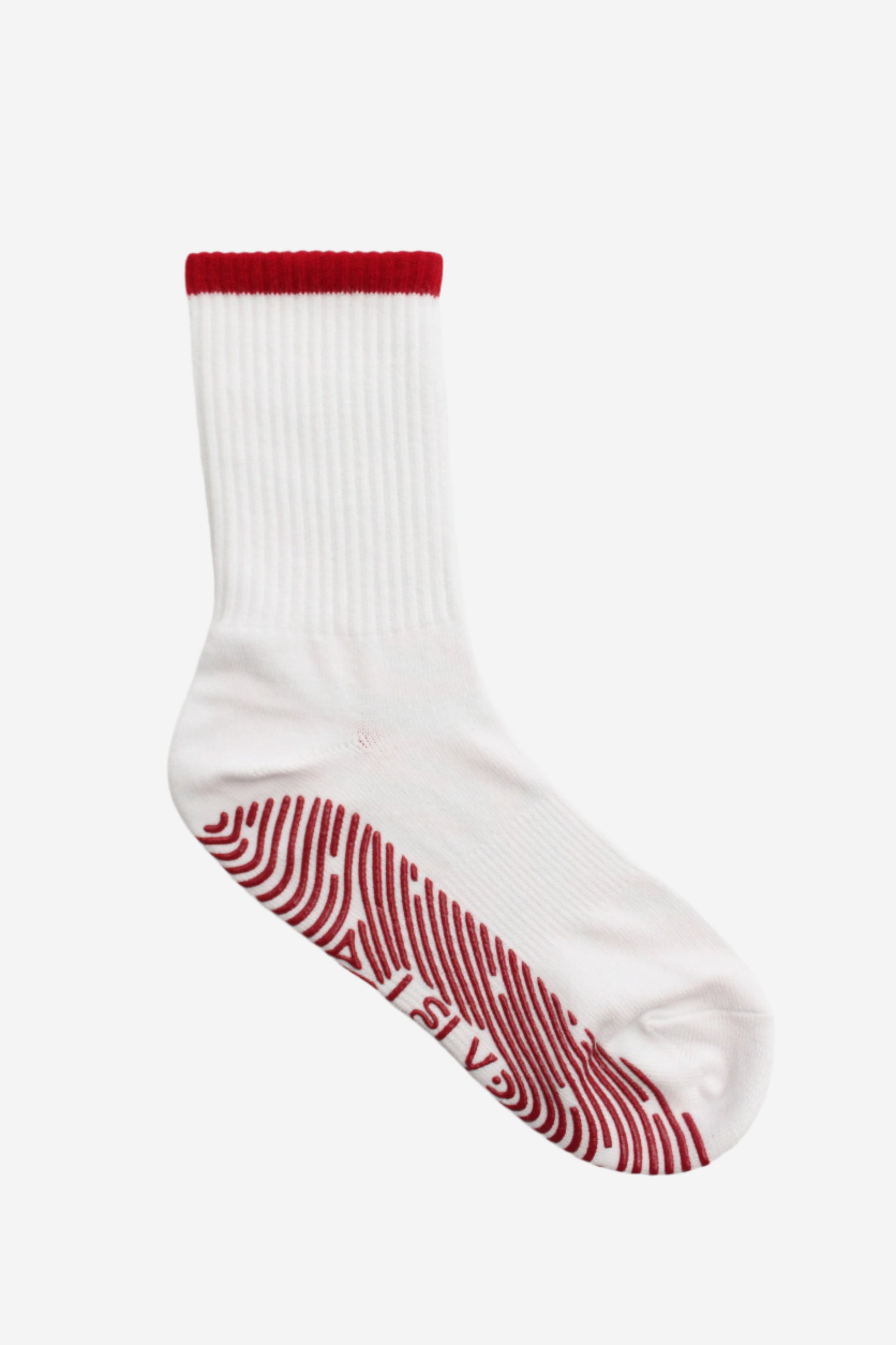 White sock with red pattern and grips