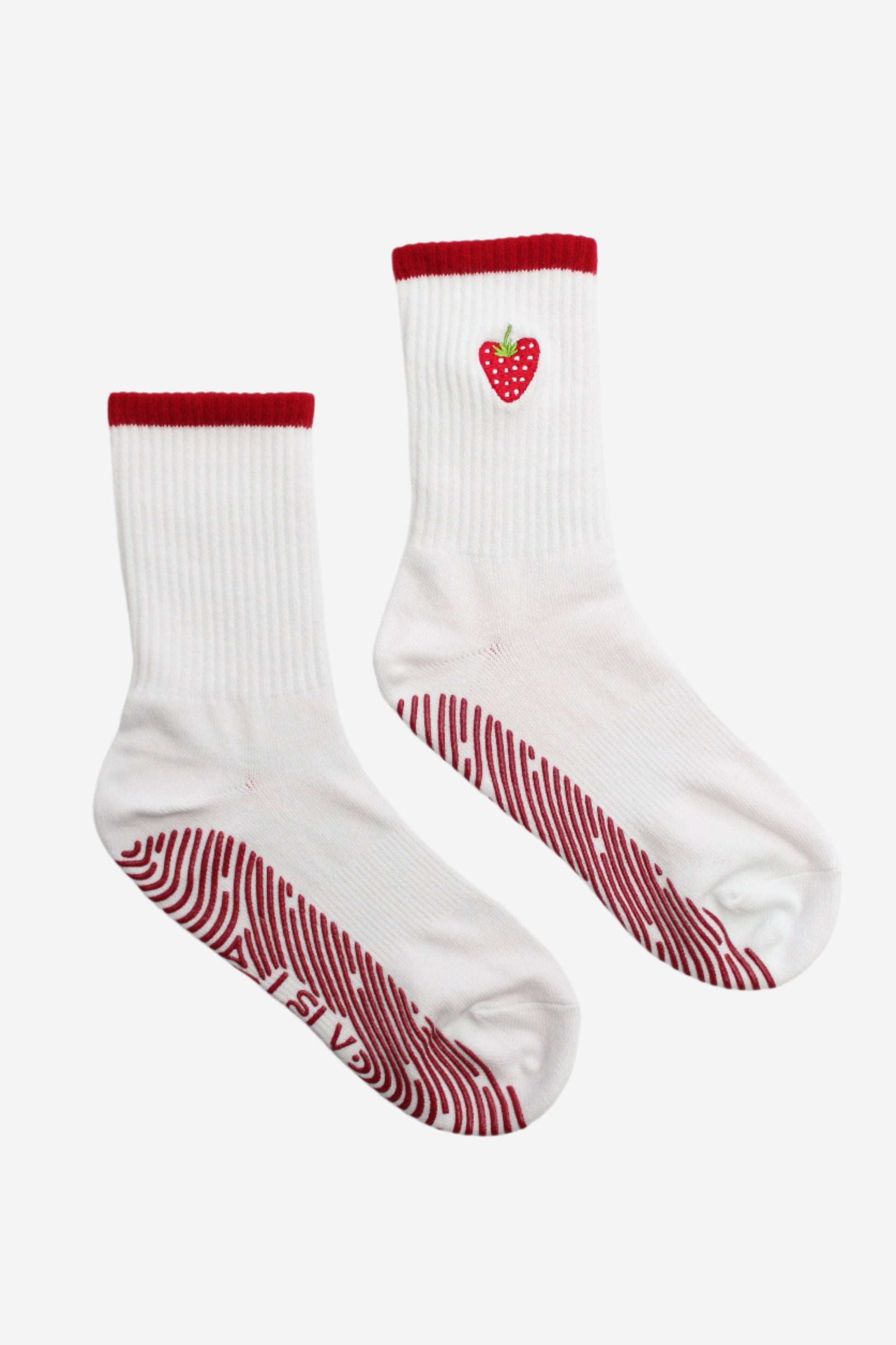 White socks with red accents and a strawberry design 