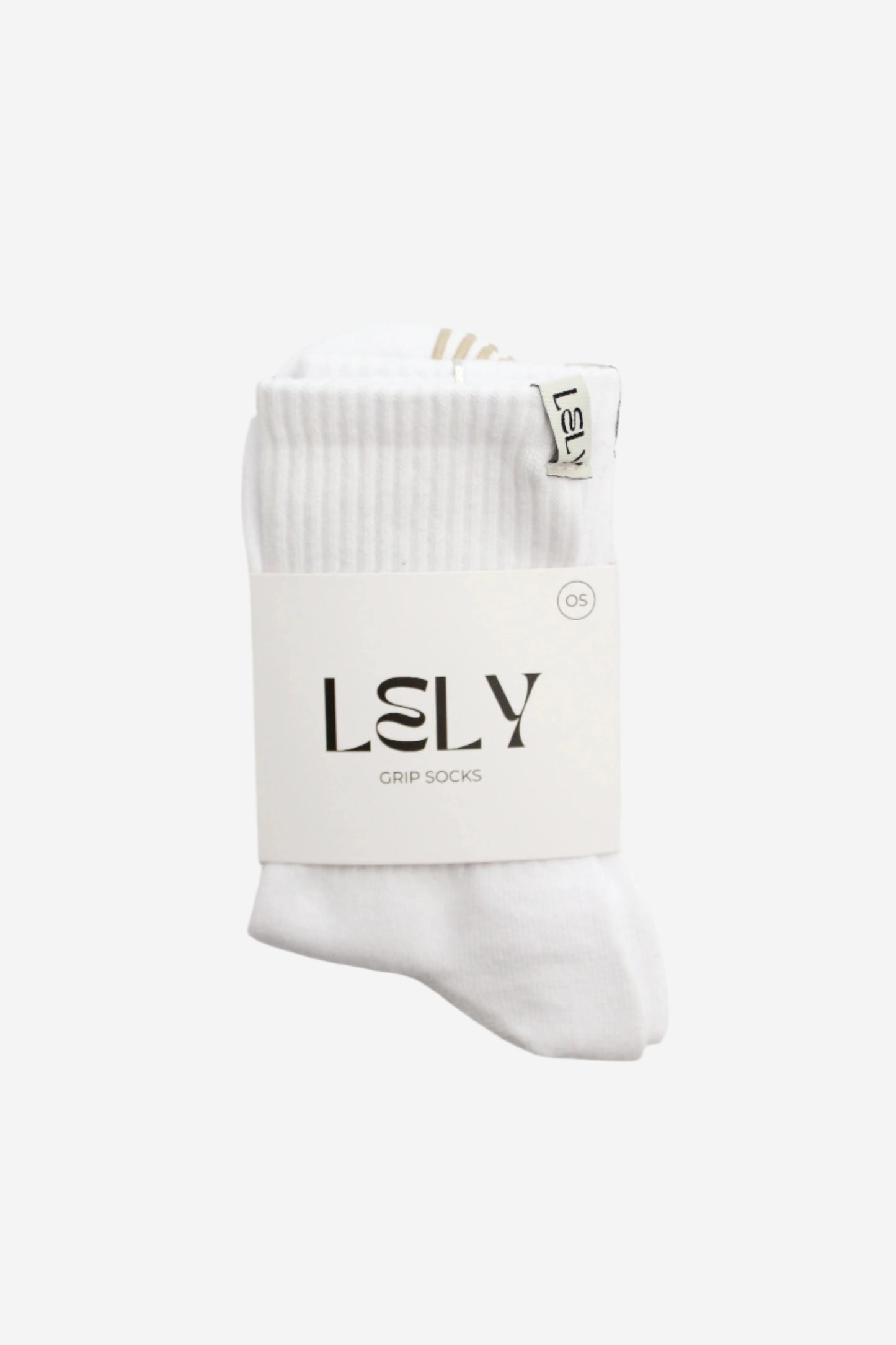 White crew grip socks with beige grips and Lely woven tag