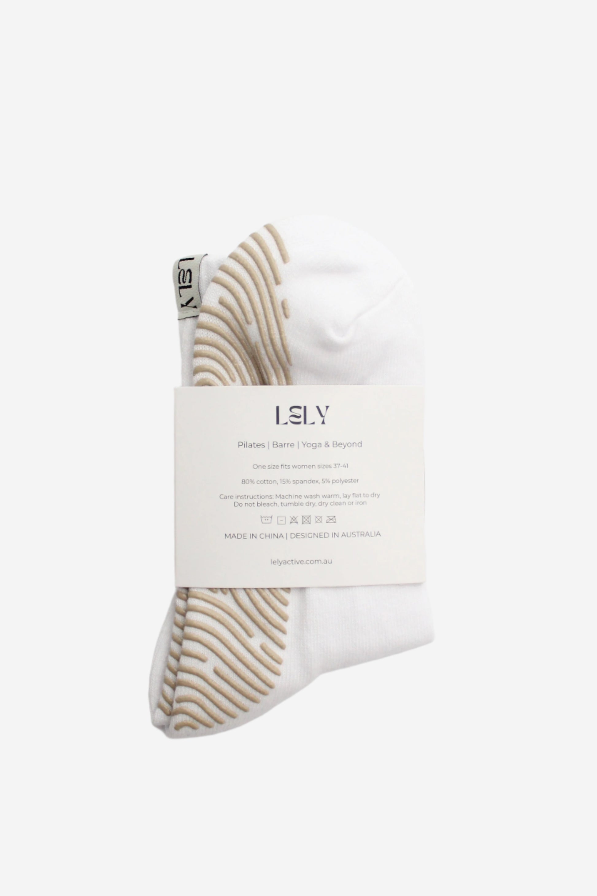 Pair of white socks with beige gripa on a white background, featuring the brand 'LELY'.