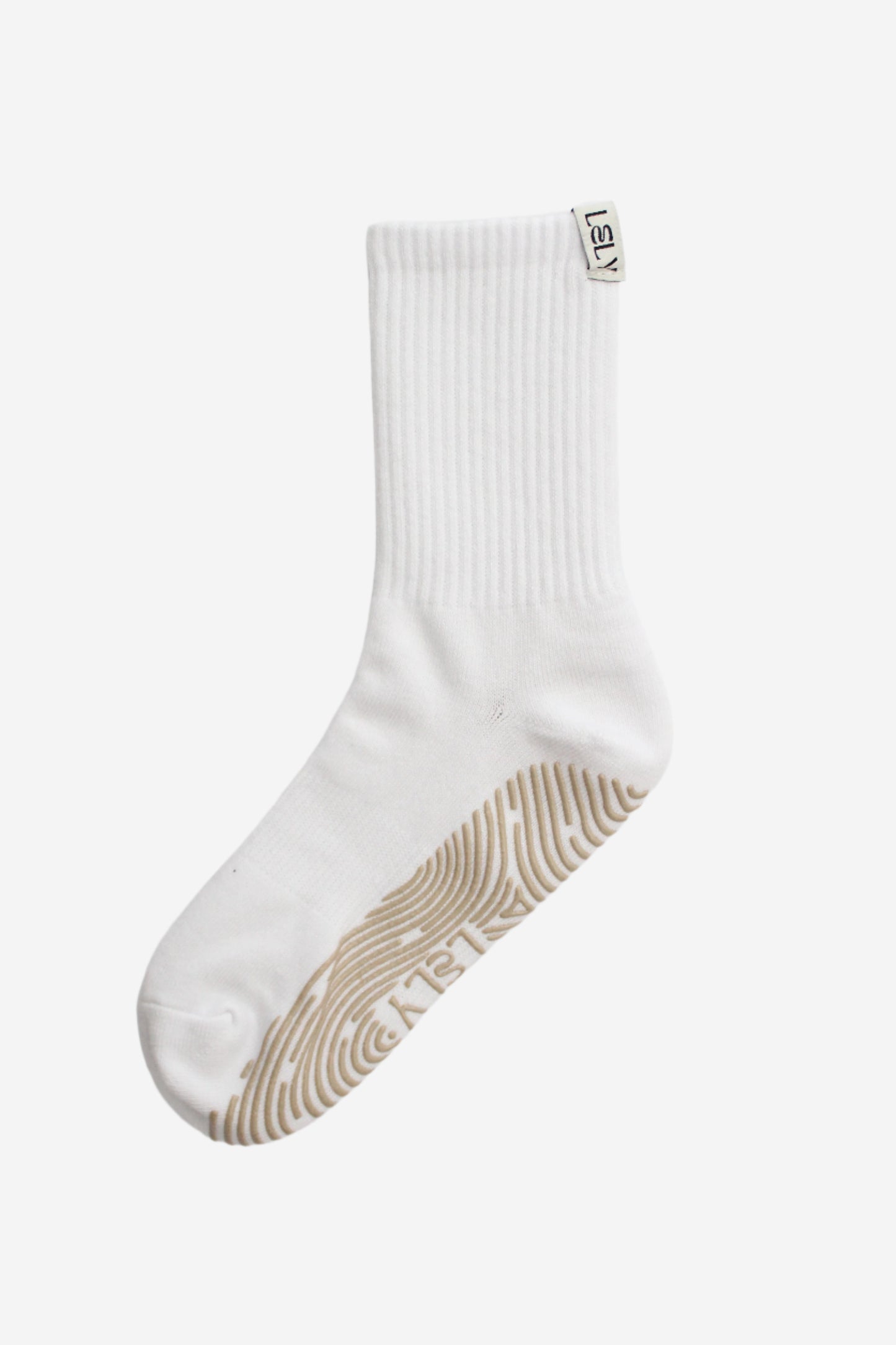 White ribbed crew sock with beige grips and LELY woven label