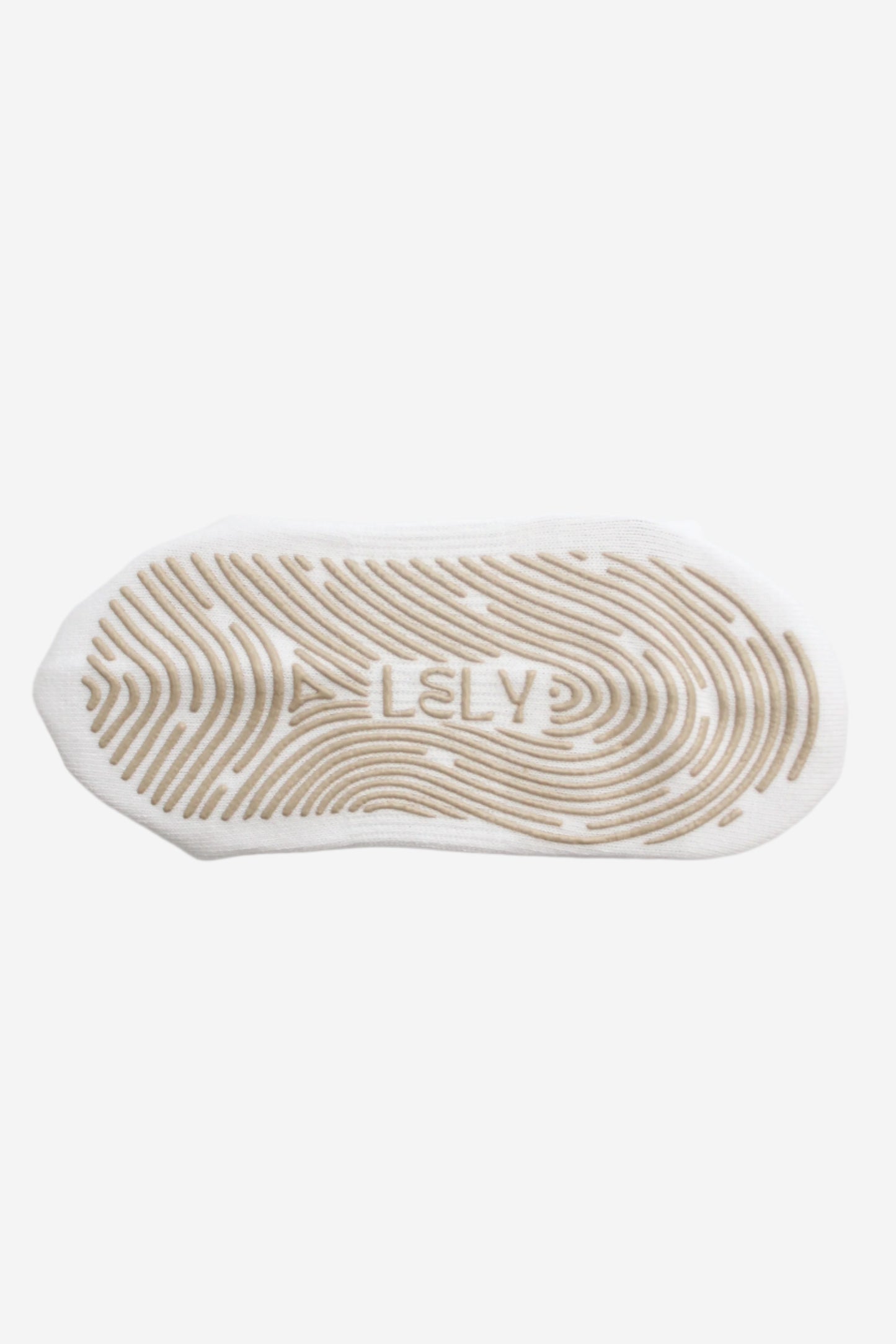 White sock sole with LELY beige grip pattern
