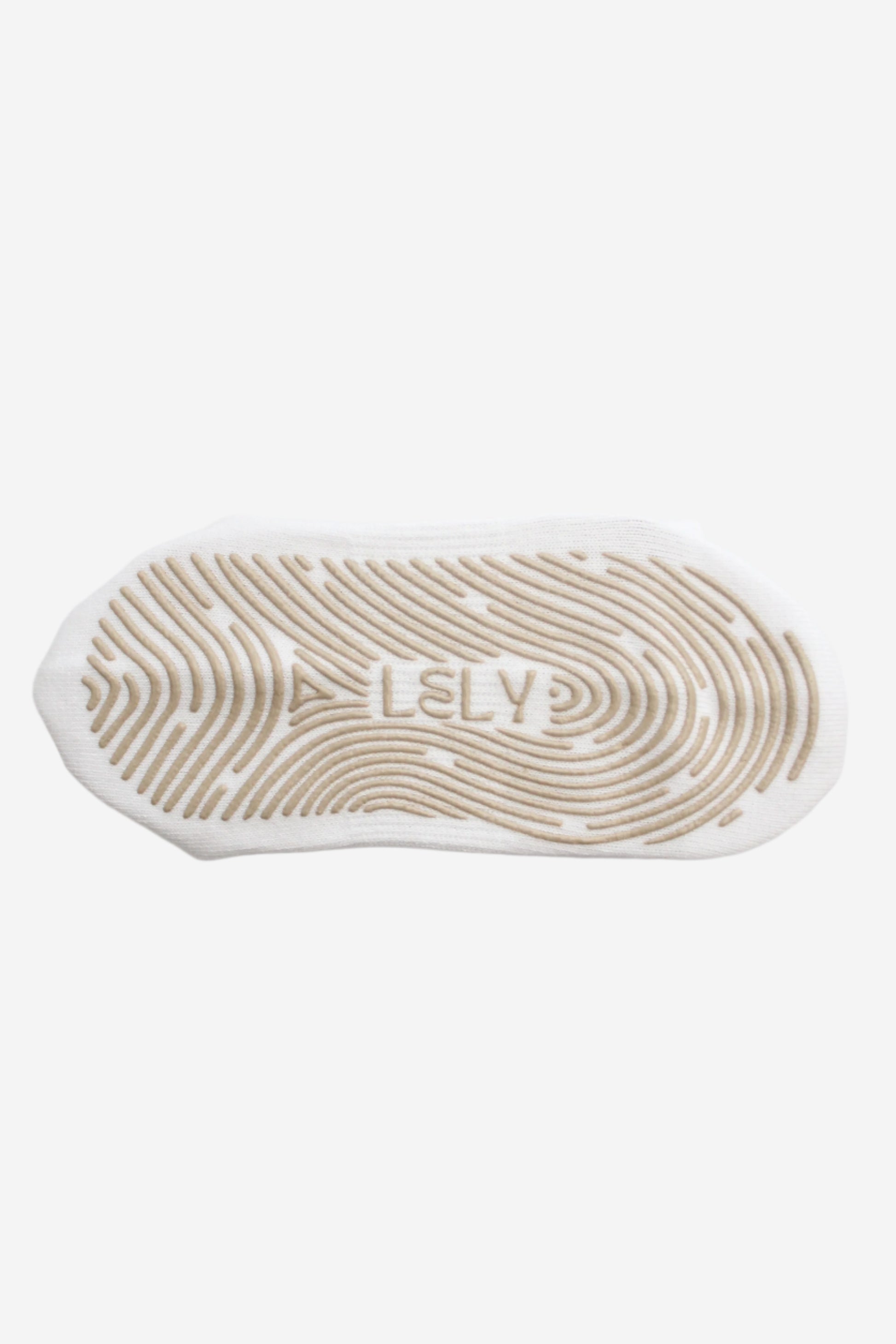White sock sole with LELY beige grip pattern