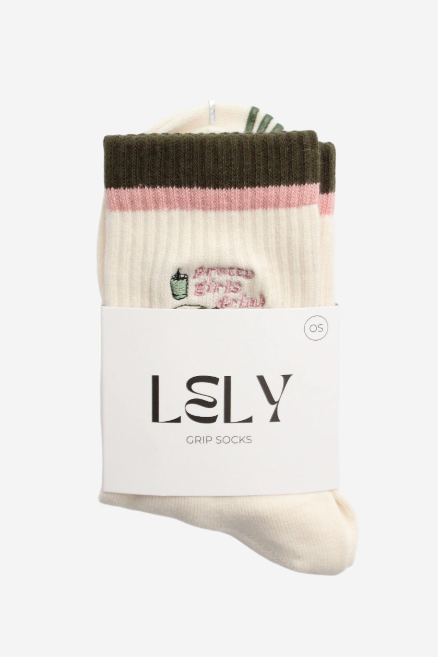 Packaged sock with green and pink pattern