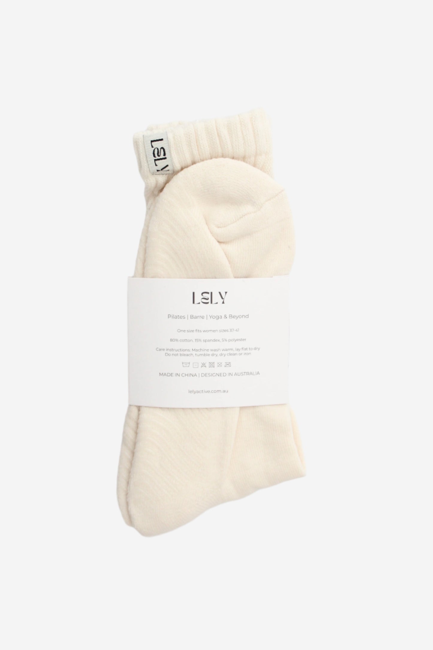 Pair of cream-colored slouch knit socks with a label 