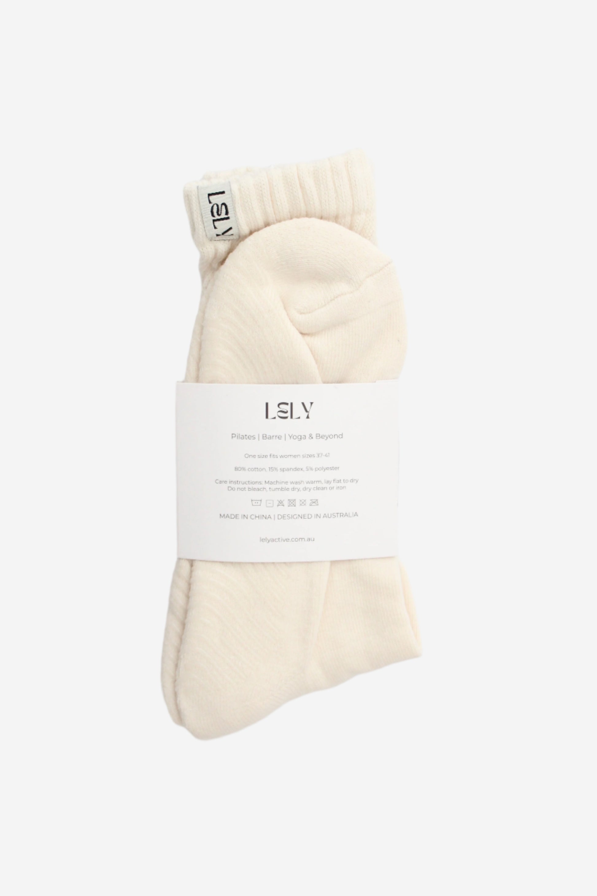 Pair of cream-colored slouch knit socks with a label 